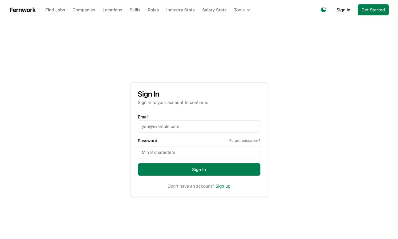 The sign-in page: email and password boxes, a Forgot password link, a Sign In button and a link to sign up