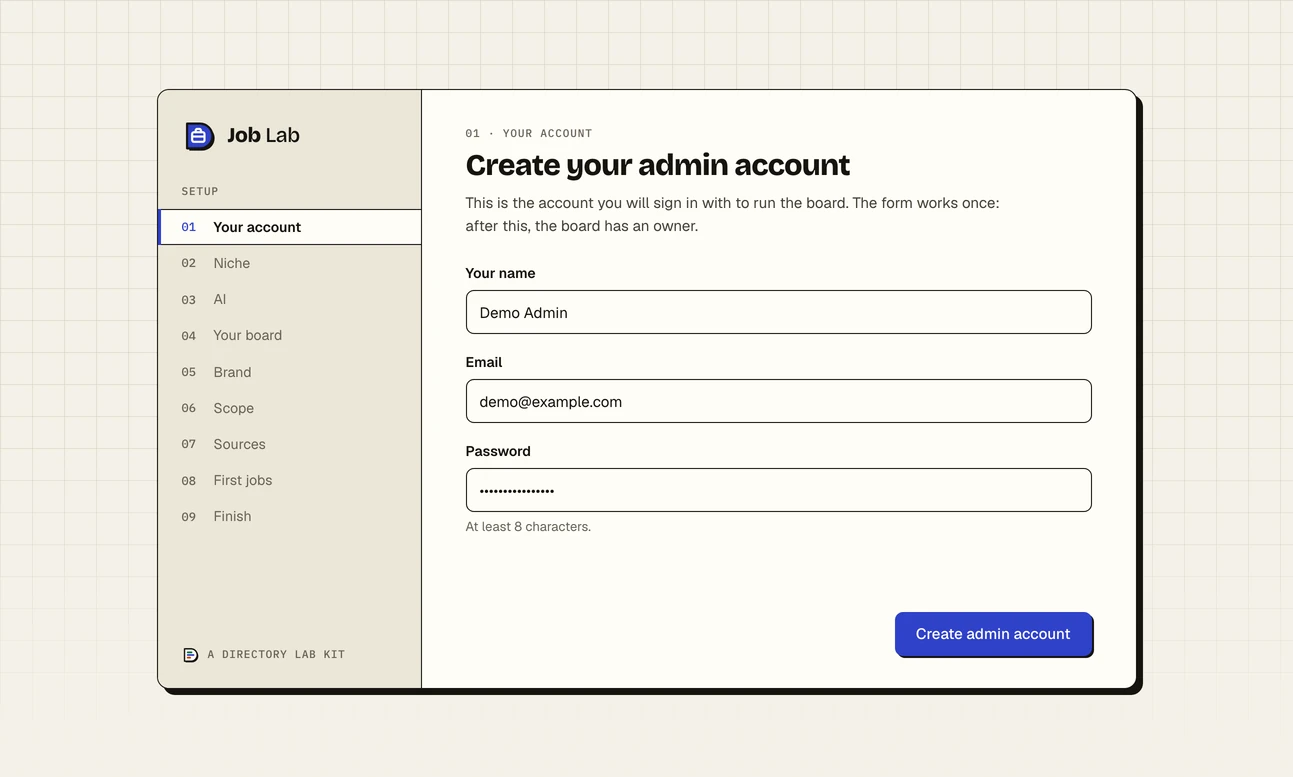 Step one of the Job Lab setup wizard, Your account: the nine steps listed down the left beside the Job Lab mark, and on the right boxes for your name, email and password, with a Create admin account button