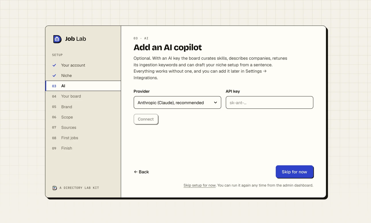 Step three of the setup wizard, AI, headed Add an AI copilot: a list to choose the provider, set to Anthropic, a box for the API key, a Connect button, and a Skip for now button