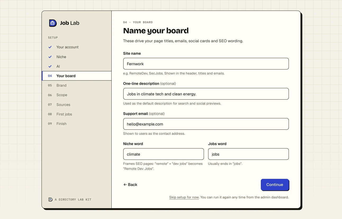 Step four of the setup wizard, Your board, headed Name your board: the site name Fernwork, a one-line description, a support email, and the two words that frame the search pages, climate and jobs