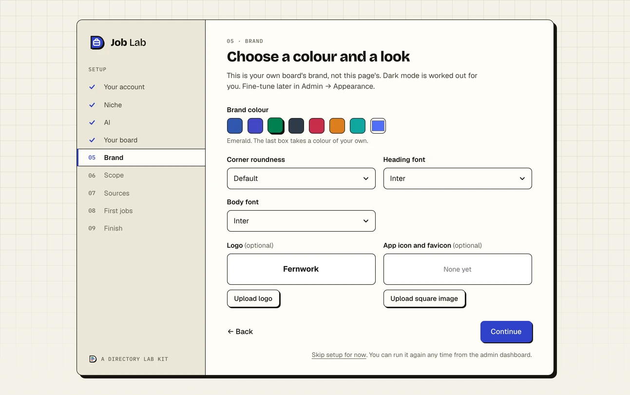 Step five of the setup wizard, Brand: a row of colour swatches with the green one chosen, lists for corner roundness and the heading and body fonts, and boxes to upload a logo and an app icon