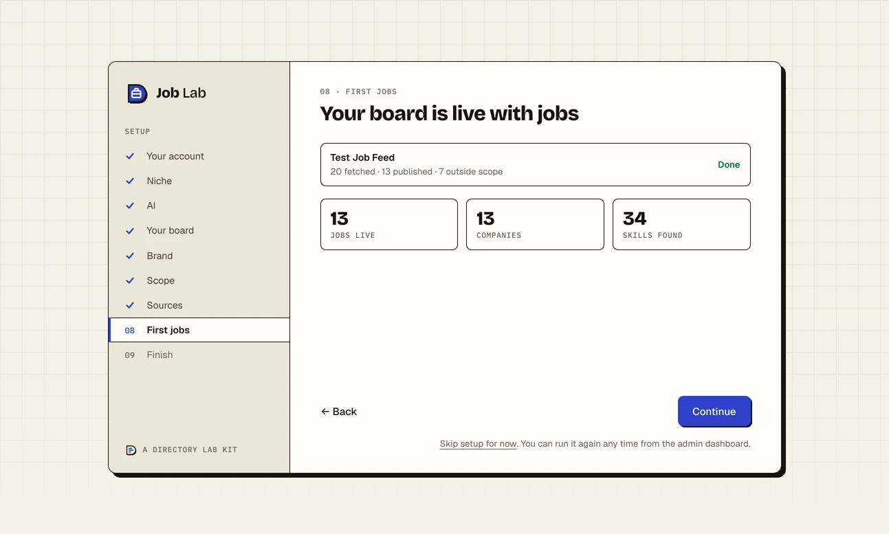 Step eight of the setup wizard, First jobs, headed Your board is live with jobs: the Test Feed marked Done with the number of jobs fetched and published, and three figures for jobs live, companies and skills found