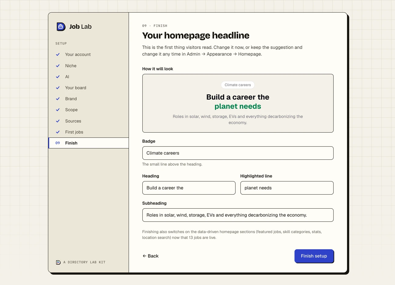The last step of the setup wizard, Finish, headed Your homepage headline: a preview of the badge, heading, highlighted line and subheading as they will appear, above a box for each