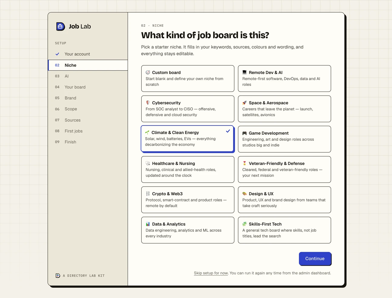 Step two of the setup wizard, Niche, asking What kind of job board is this, with a tile for a custom board and one for each of eleven starter niches, from Remote Dev and AI to Cybersecurity, Space, Game Development and Healthcare; Climate and Clean Energy is selected