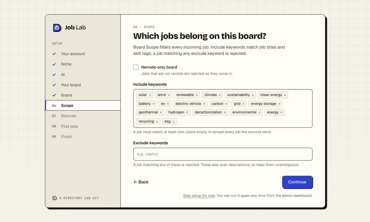 Step six of the setup wizard, Scope, asking Which jobs belong on this board: a tick box for a remote-only board, a box of include keywords filled by the starter pack with words such as solar, wind, battery and clean energy, and an empty box of exclude keywords