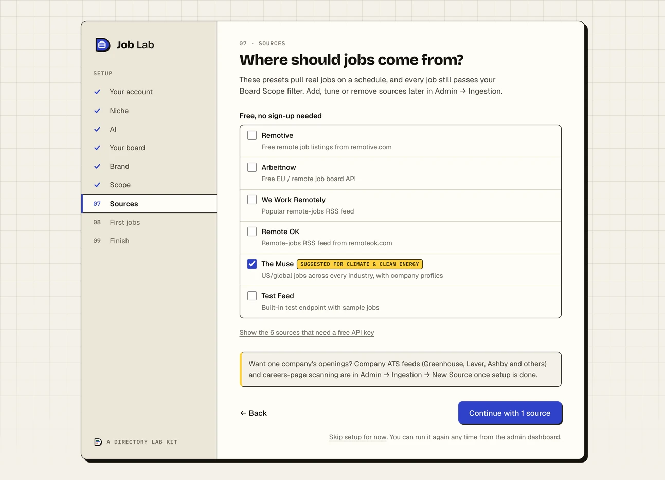 Step seven of the setup wizard, Sources, asking Where should jobs come from: a list of free sources that need no sign-up, each with a tick box and a line about what it carries, one marked as suggested for the chosen niche, and a link to show the sources that need a free API key