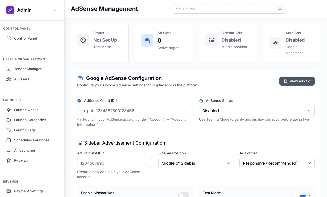 The AdSense Management page: cards for status, ad slots, sidebar ads and auto ads above the Google AdSense Configuration form with the client ID, status, ad unit slot ID, sidebar position and the switches for sidebar ads, responsive ads, test mode and auto ads