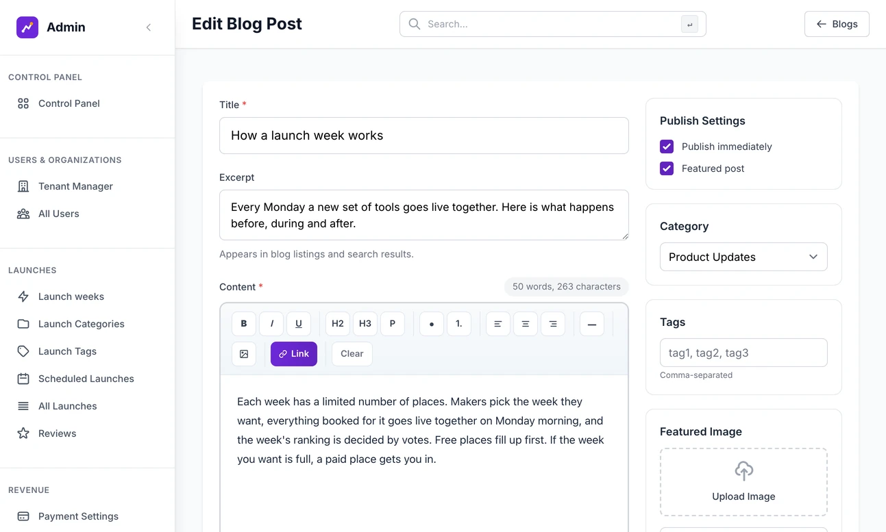 The blog post editor: the title, excerpt and the content editor with its toolbar on the left, and on the right the publish tick boxes, category, tags and featured image