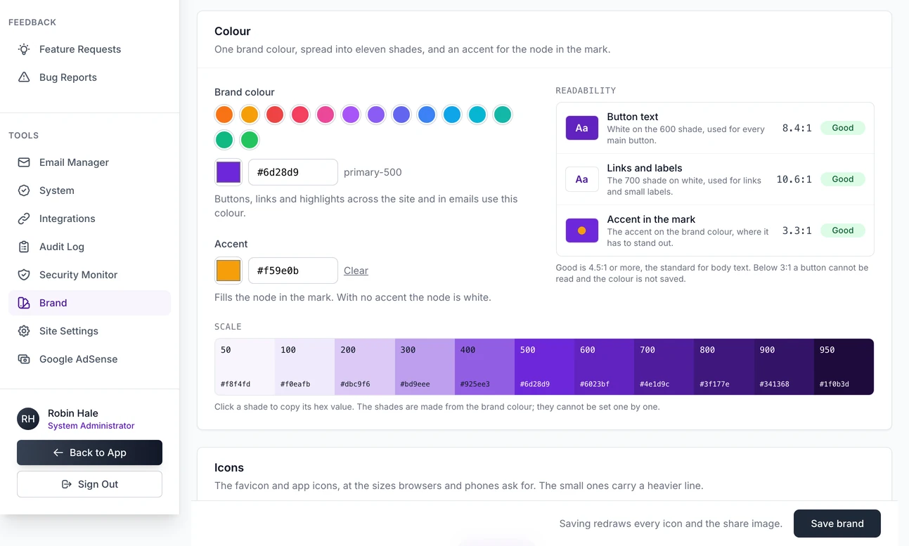 The Colour section of the Brand page: a row of swatches with a violet chosen, the accent colour, readability grades for button text, links and the mark, and the eleven shades generated from the one colour