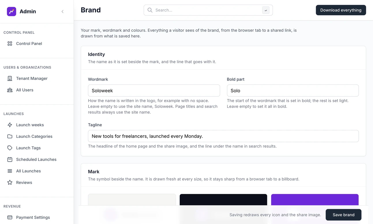 The Brand page in the admin: the wordmark Soloweek with its bold part, the tagline, and the mark shown on light, dark and the brand colour