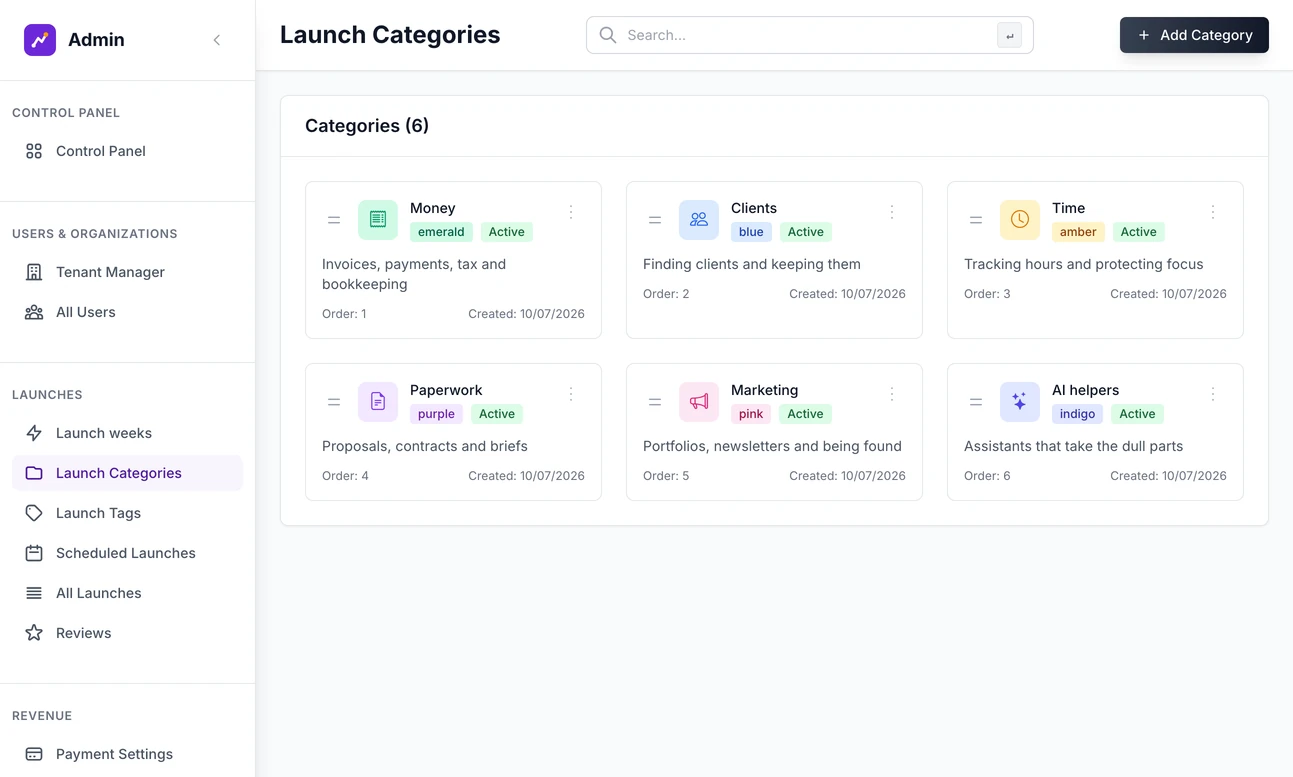 Launch Categories in the admin: the six categories with their icon, colour, description, number of tools and order