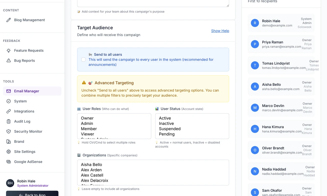 The Target Audience part of the campaign form: the Send to all users tick box, and under Advanced Targeting the lists for user roles, user status and organizations and the box for specific user IDs, beside a panel counting the recipients