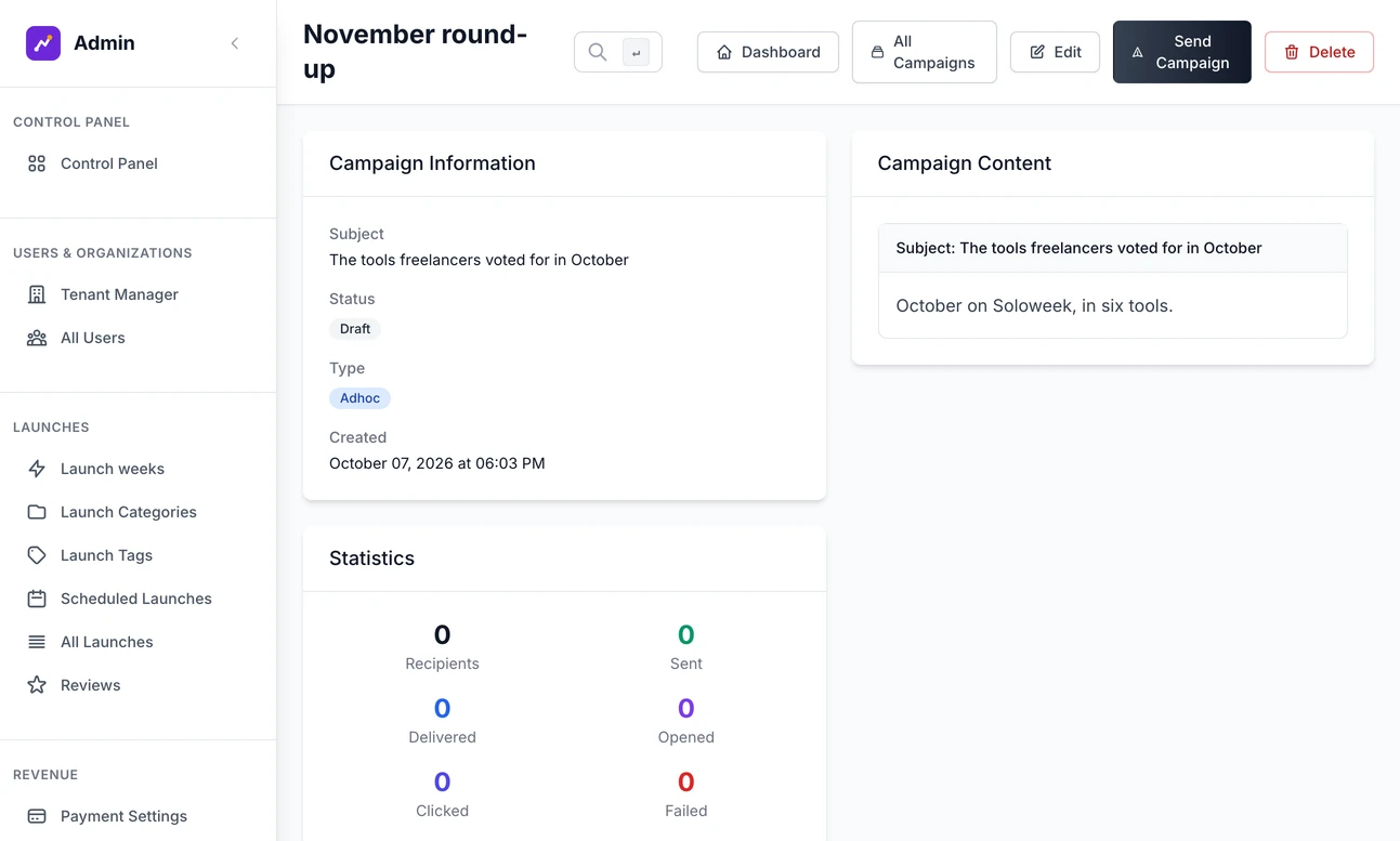 A draft campaign's page in the Email Manager: its subject and status, the Statistics panel, Target Recipients with the total, a preview of the email, and Edit, Send Campaign and Delete buttons at the top
