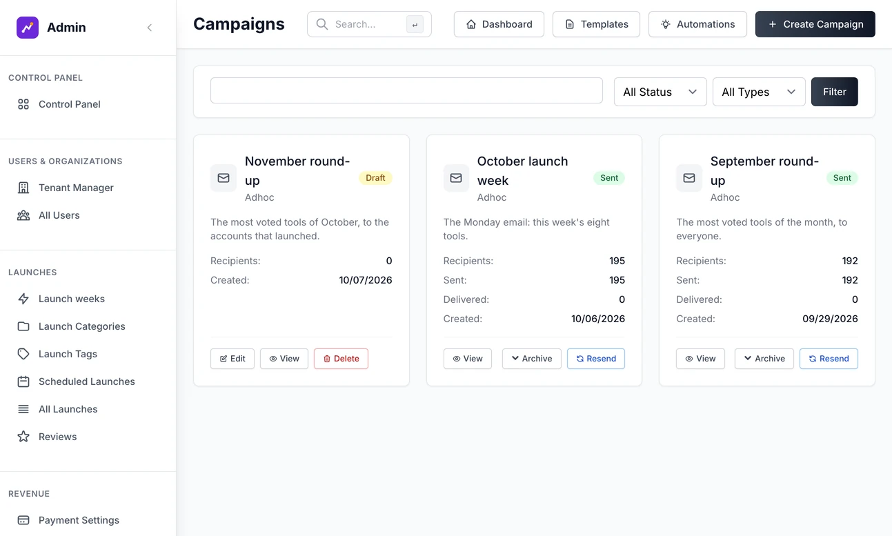 The email campaigns list: two campaigns that have been sent, each with how many people it went to and how many were delivered, and buttons to view, archive or resend it