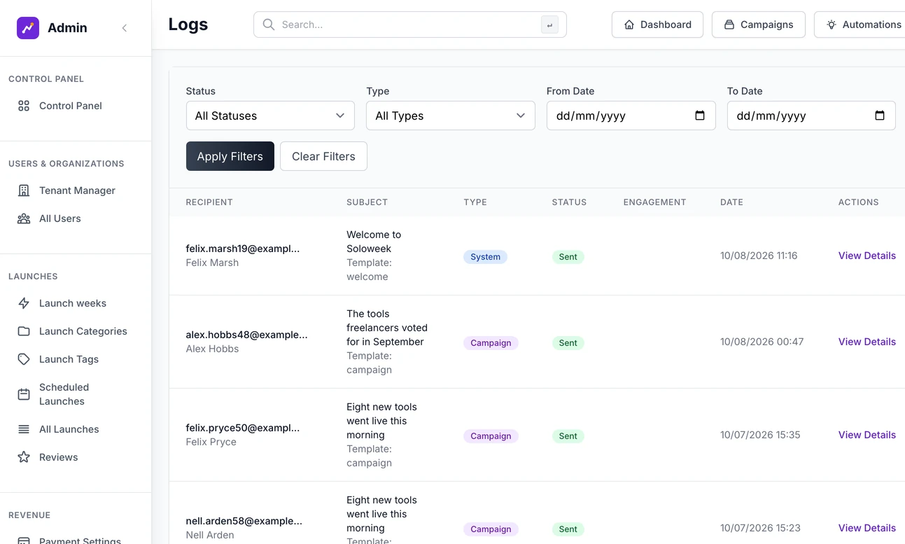 The email Logs page: filters for status, type and dates above a table of emails with the recipient, subject and template, type, status and date, and a View Details button on each row