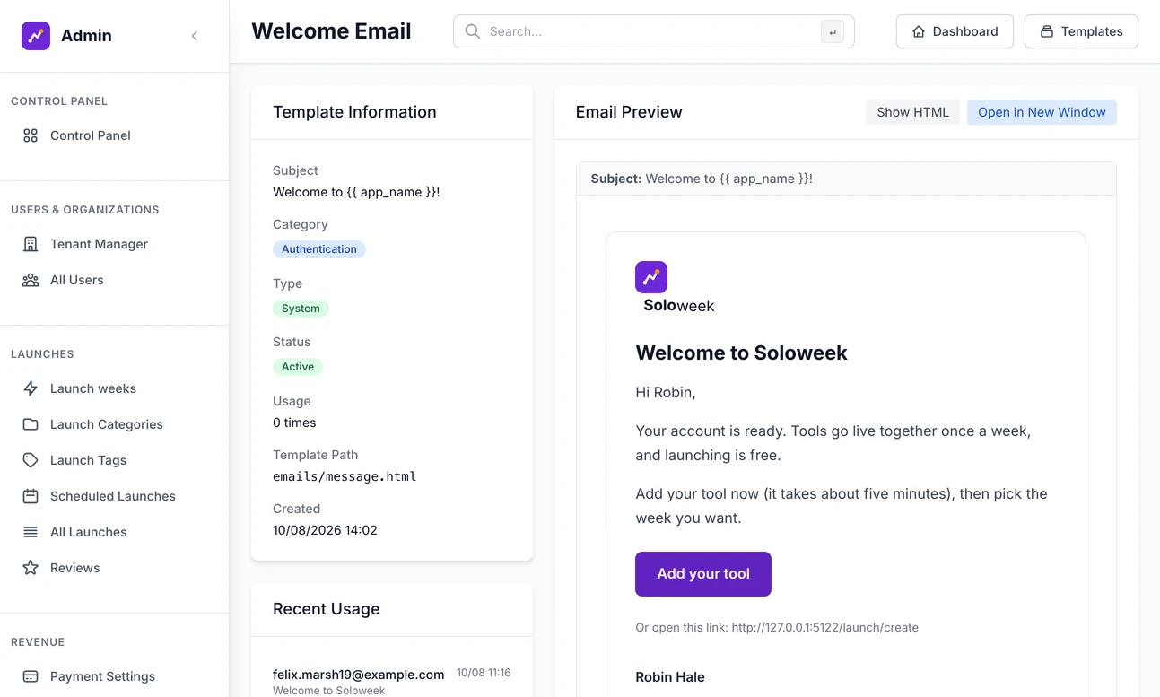 A system email template opened in the Email Manager: its subject, category, type, status and usage, and a preview of the welcome email with Show HTML and Open in New Window buttons and no Edit button