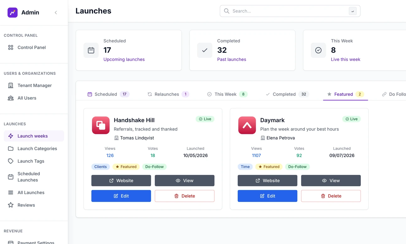 The Featured tab of Launch weeks: a card for each of the two tools holding a featured place, with its maker, views, votes, launch date and badges, and buttons to view, edit or delete it