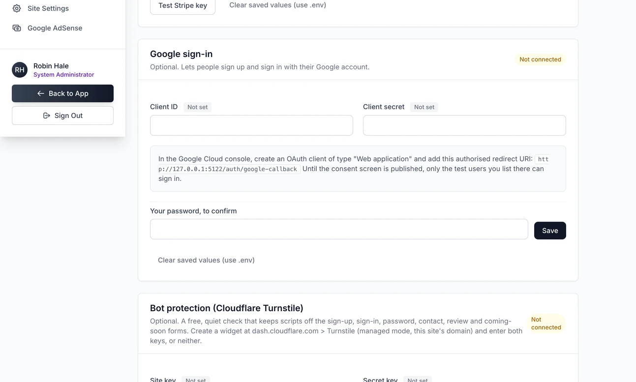 The Google sign-in card on the Integrations page: boxes for the client ID and client secret, a grey note giving the redirect address to add in Google, and the password box with the Save button
