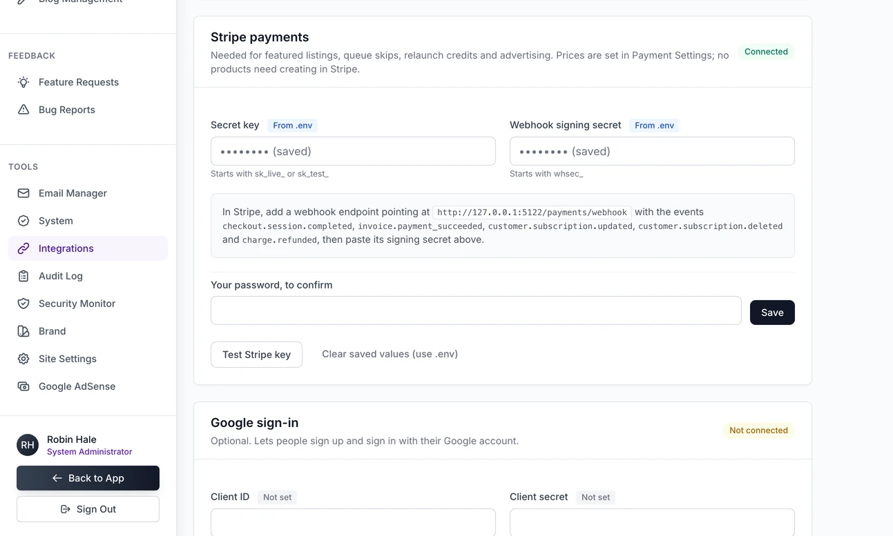 The Stripe payments card on the Integrations page: the secret key and webhook secret boxes, the webhook address to give Stripe, and a test button