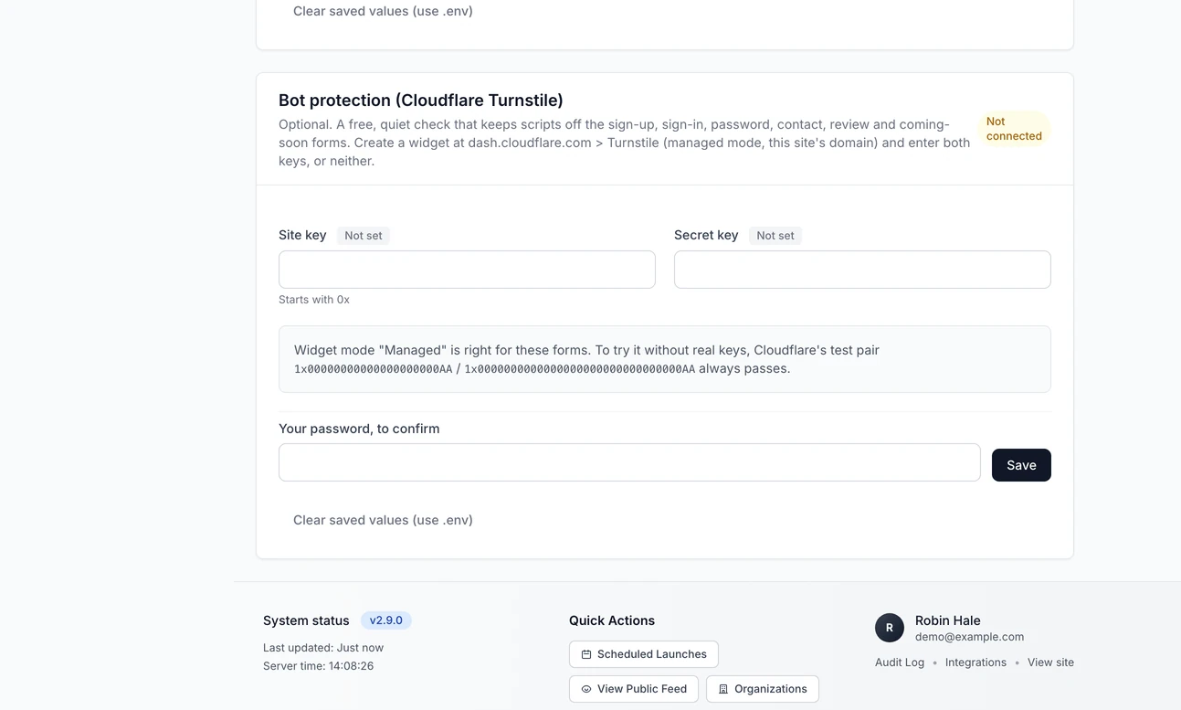 The Bot protection card on the Integrations page: boxes for the Turnstile site key and secret key, a note about Managed mode and Cloudflare's test keys, and the Save button