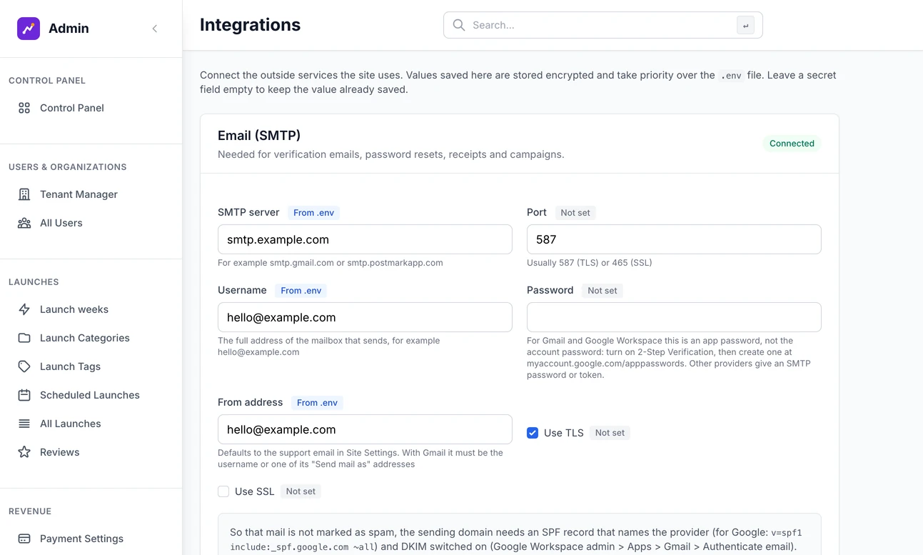 The Integrations page, opening on the Email card marked Connected: the server, port, username, password and from address, with a note that values saved here are stored encrypted