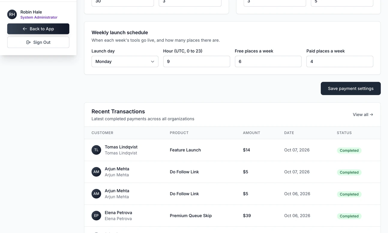 The Weekly launch schedule section of Payment Settings: the launch day set to Monday, the hour in UTC, 6 free places a week and 4 paid places a week, above the Save payment settings button