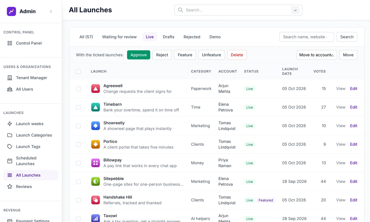 All Launches in the admin on the Live filter, beside filters for waiting for review, drafts and rejected: a search box, buttons to approve, reject, feature or delete the ticked ones, and a table of tools with their category, account, status, launch date and votes