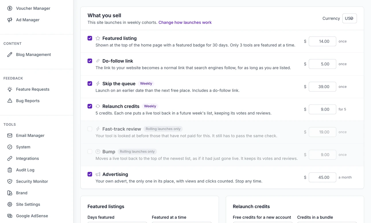 What you sell, on the Payment Settings page: the currency, then a tick box and a price for each product. Featured listing 14 dollars, do-follow link 5, skip the queue 39, relaunch credits 9 for five and advertising 45 a month are on; fast-track review and bump are greyed out as rolling-only