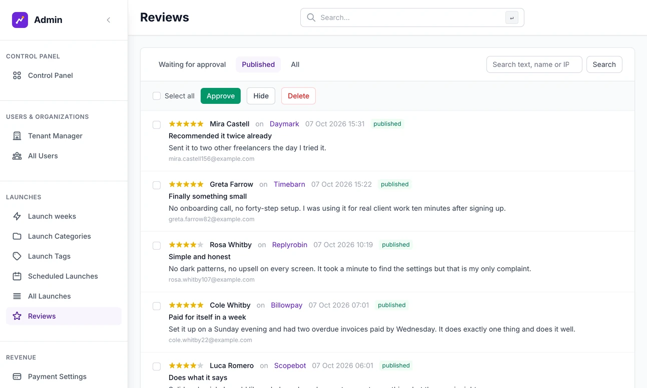 Reviews in the admin on the Published tab, beside Waiting for approval and All: each review with its stars, who wrote it, the tool it is about and what they said, and buttons to approve, hide or delete the ticked ones