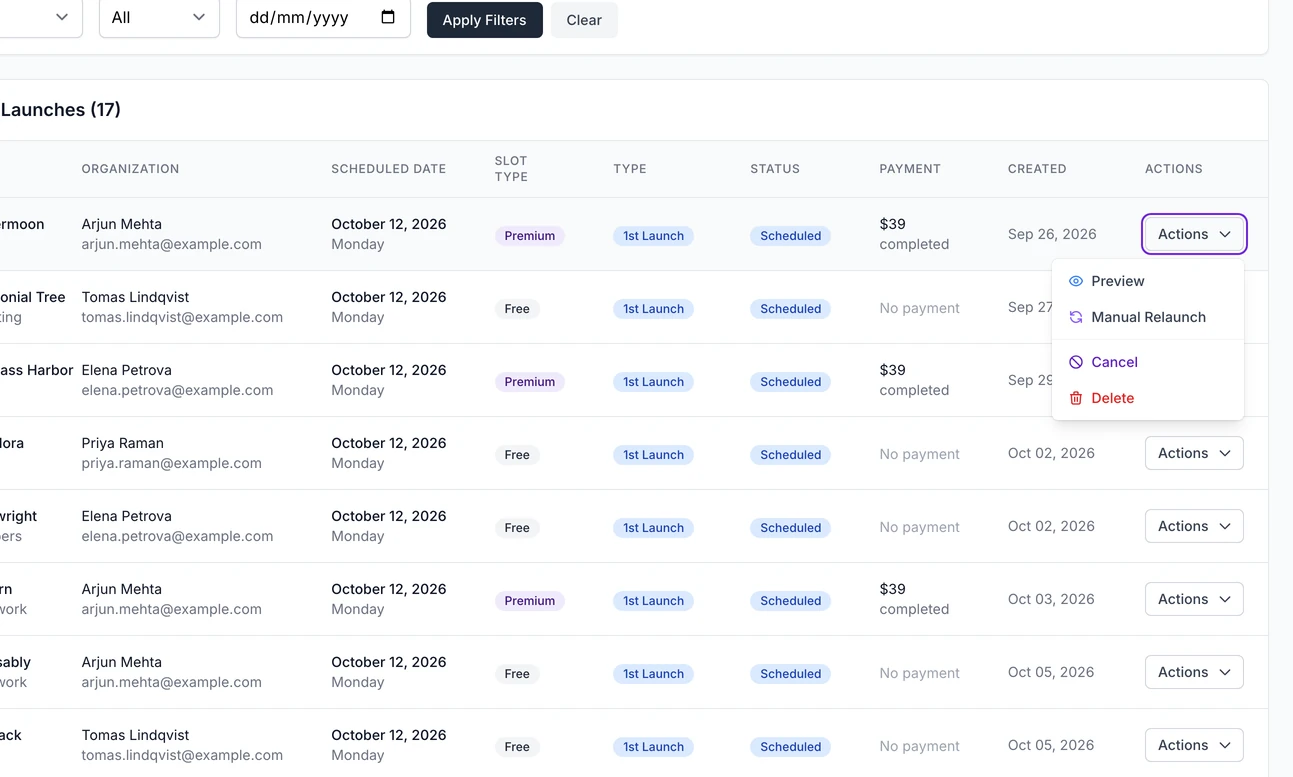 The table of bookings on the Scheduled Launches page with one row's Actions menu open, showing Preview, Manual Relaunch, Cancel and Delete