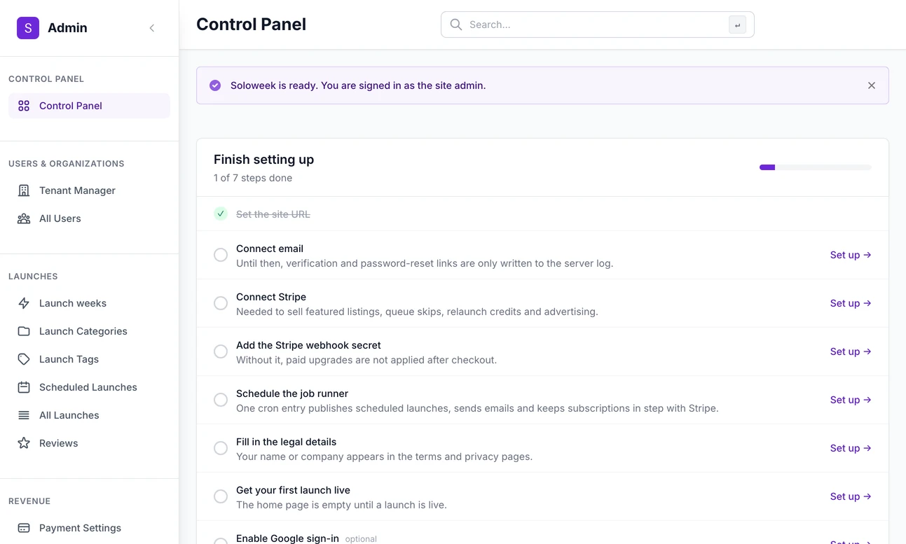 The admin dashboard of a site that has just been set up: a Finish setting up list with the site address ticked and the rest still to do, among them connect email, connect Stripe, add the Stripe webhook secret, schedule the job runner, fill in the legal details and get a first launch live, each with a Set up link