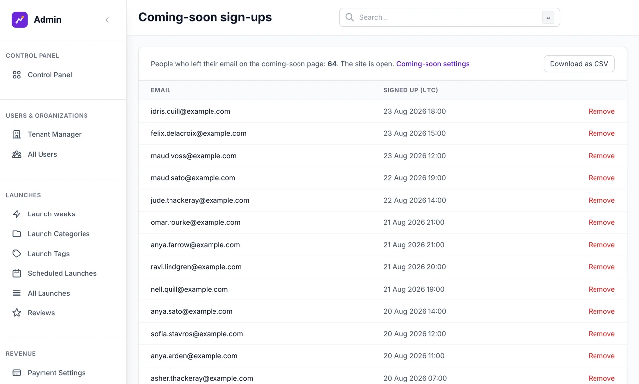 Coming-soon sign-ups: the email addresses people left while the site was closed, with the date of each