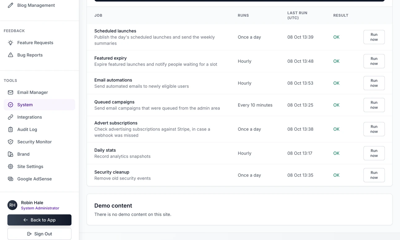 The background jobs on the System page: each job with what it does, how often it runs, when it last ran, its result and a Run now button