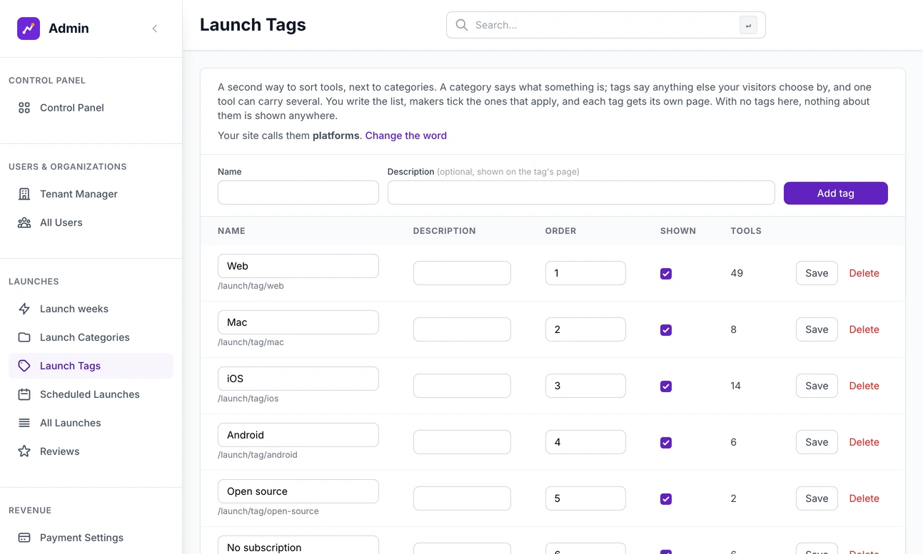 Launch Tags in the admin: a form to add a tag, then the six tags Web, Mac, iOS, Android, Open source and No subscription, each with its page address, description, order, a Shown tick box and the number of tools that carry it