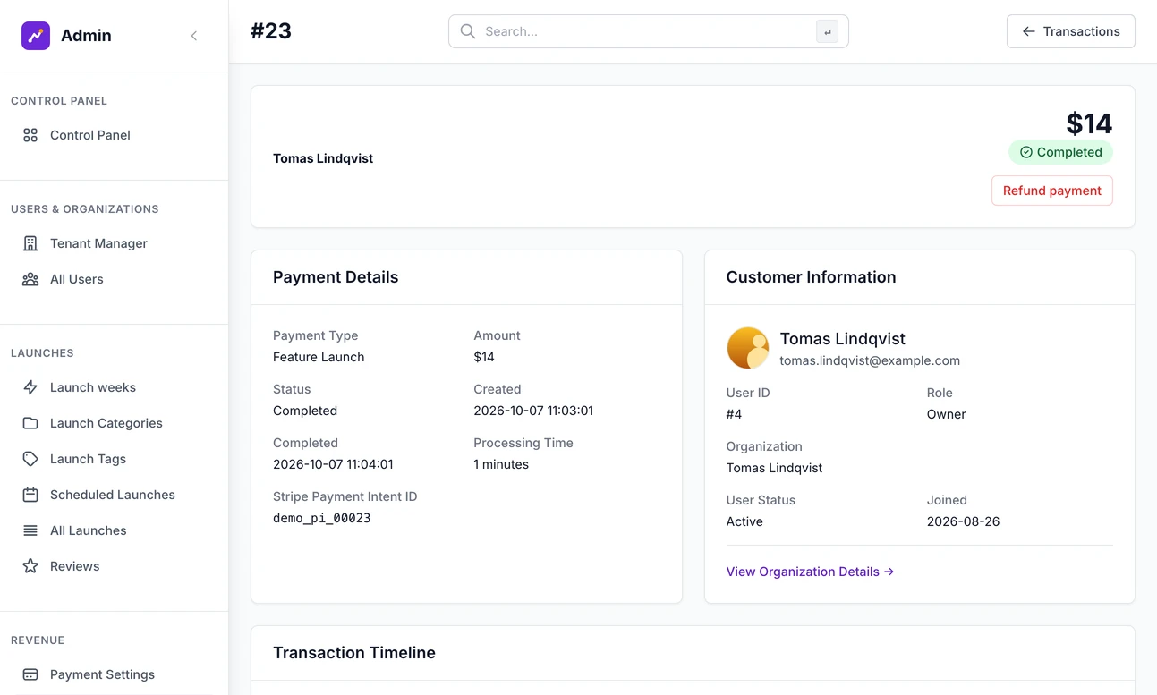 One payment's page in the admin: the amount with a Completed badge and a Refund payment button, then Payment Details with the product, amount, dates and Stripe payment ID beside Customer Information