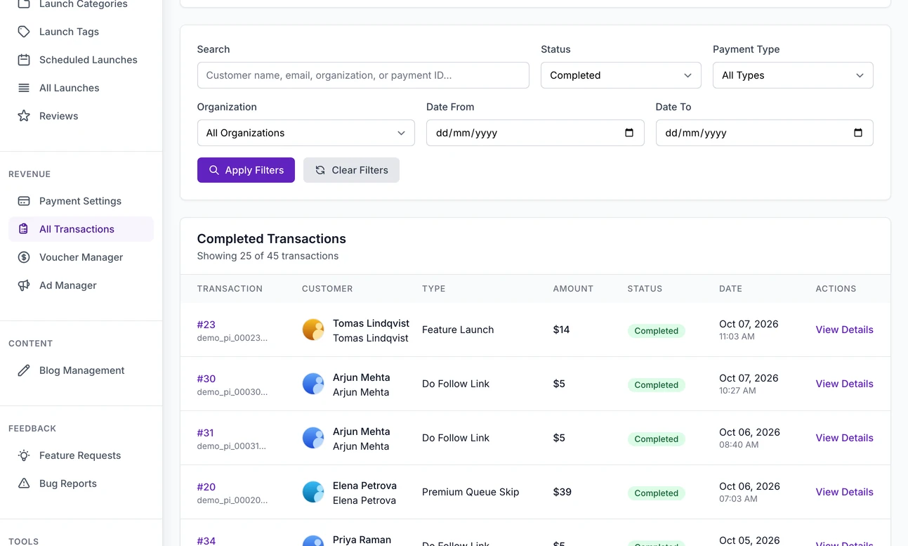 The list of transactions: each payment with the customer, the product, the amount, its status and the date, and a link to open it
