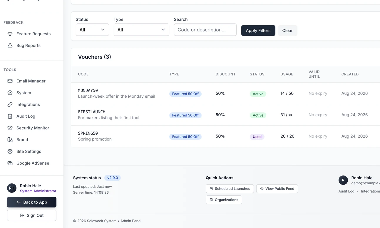 The table of vouchers in the Voucher Manager: each voucher with its code, its discount, its status, how many times it has been used against its limit, and buttons to regenerate the code, deactivate or delete it