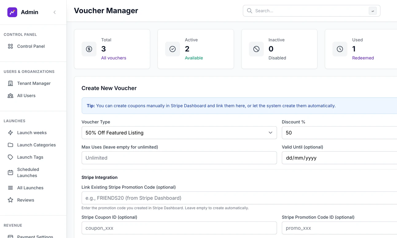 The Voucher Manager: totals for vouchers, active, disabled and used up, and the form to create one for half off a featured listing