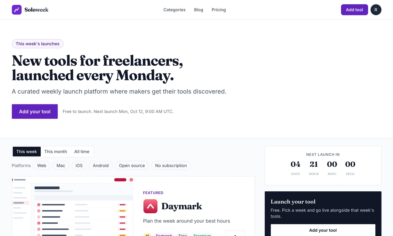 The same home page in the Editorial look: a tall heading in a serif typeface, and the first tool shown large with its picture