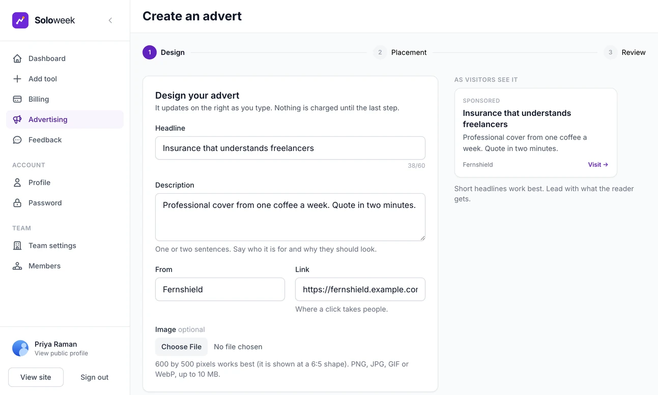The advert creator on its first step, Design: a headline, description, brand and link typed in on the left, and on the right the advert exactly as visitors will see it