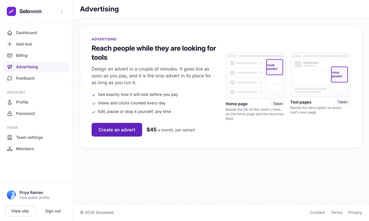 The Advertising page a maker sees: what an advert gets, a diagram of the two places it can run, and a Create an advert button beside the price of 45 dollars a month