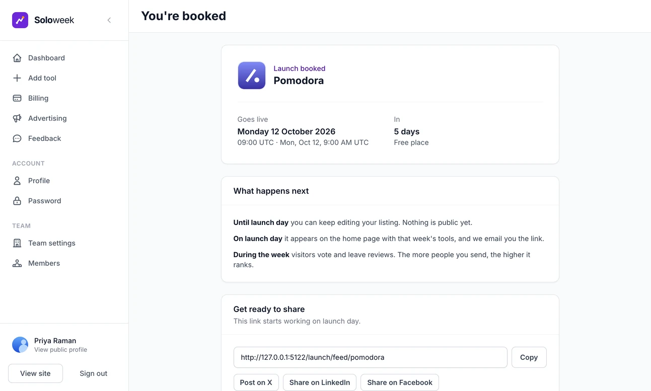 The confirmation a maker sees after booking, headed You're booked: the date the tool goes live, what happens next, and links to share it