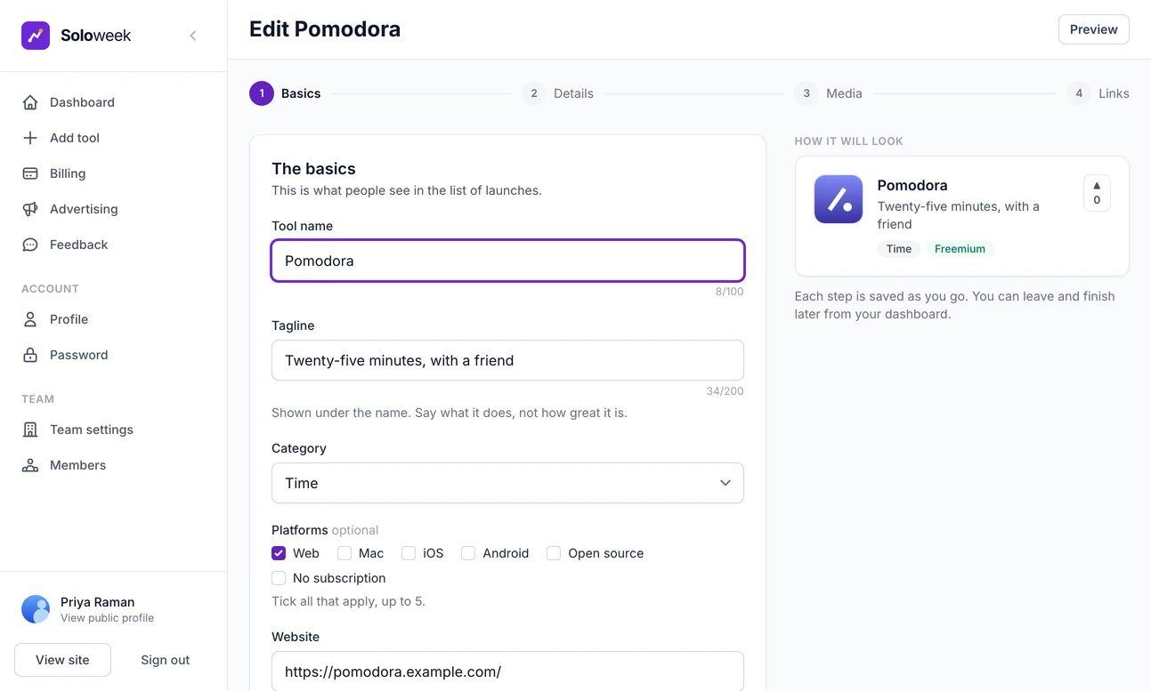 The listing editor on its first step, Basics: the tool's name, tagline, category, platforms and website on the left, and on the right a live preview of how the listing will look in the list. Steps for Details, Media and Links follow