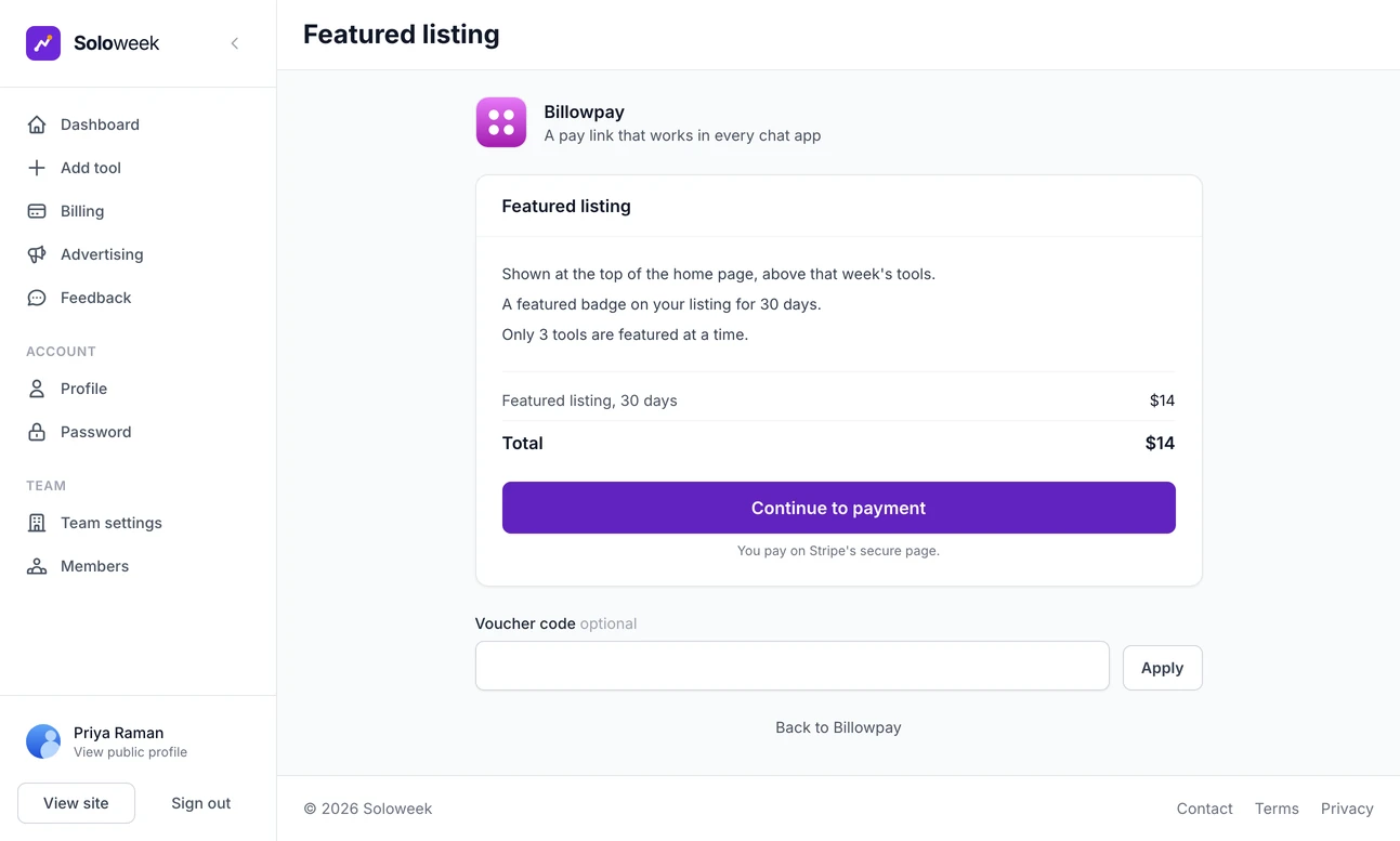 The page where a maker buys a featured listing: what it does, a price of 14 dollars for 30 days, the button to continue to payment and a box for a voucher code