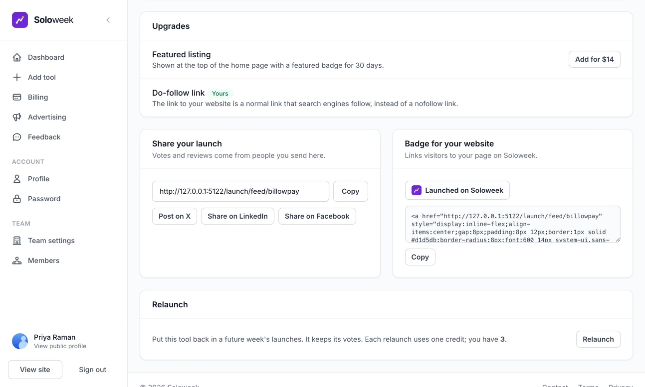 Lower on the same page: the upgrades on offer, a featured listing at 14 dollars and a do-follow link at 5, then the link to share and a Launched on Soloweek badge with the HTML to put it on a website