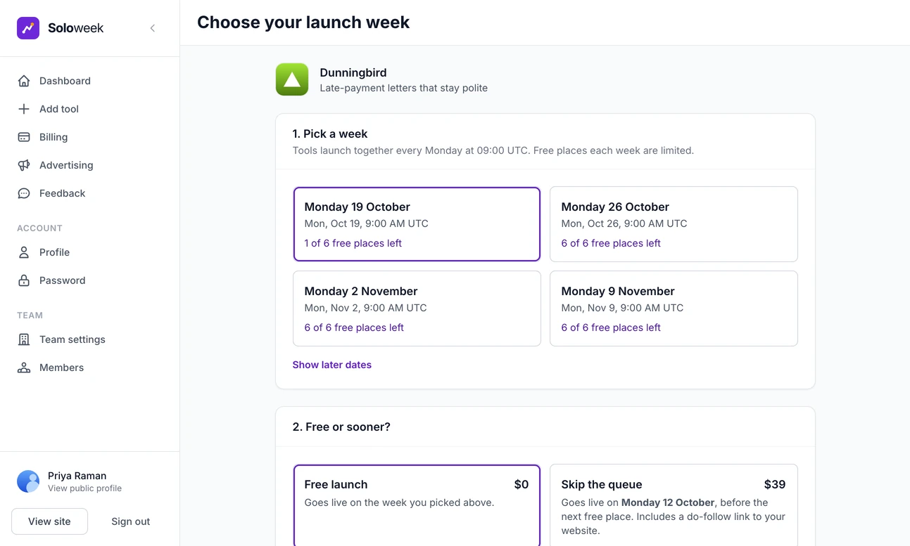 The page where a maker picks a launch week: a card for each coming Monday with the free places left, and the paid place that gets a tool into a week sooner