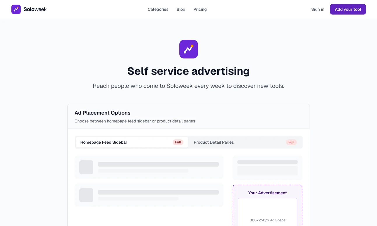 The public Advertise page headed Self service advertising, with a diagram of the two advert places, beside the home page list and on a tool's page, both marked Full