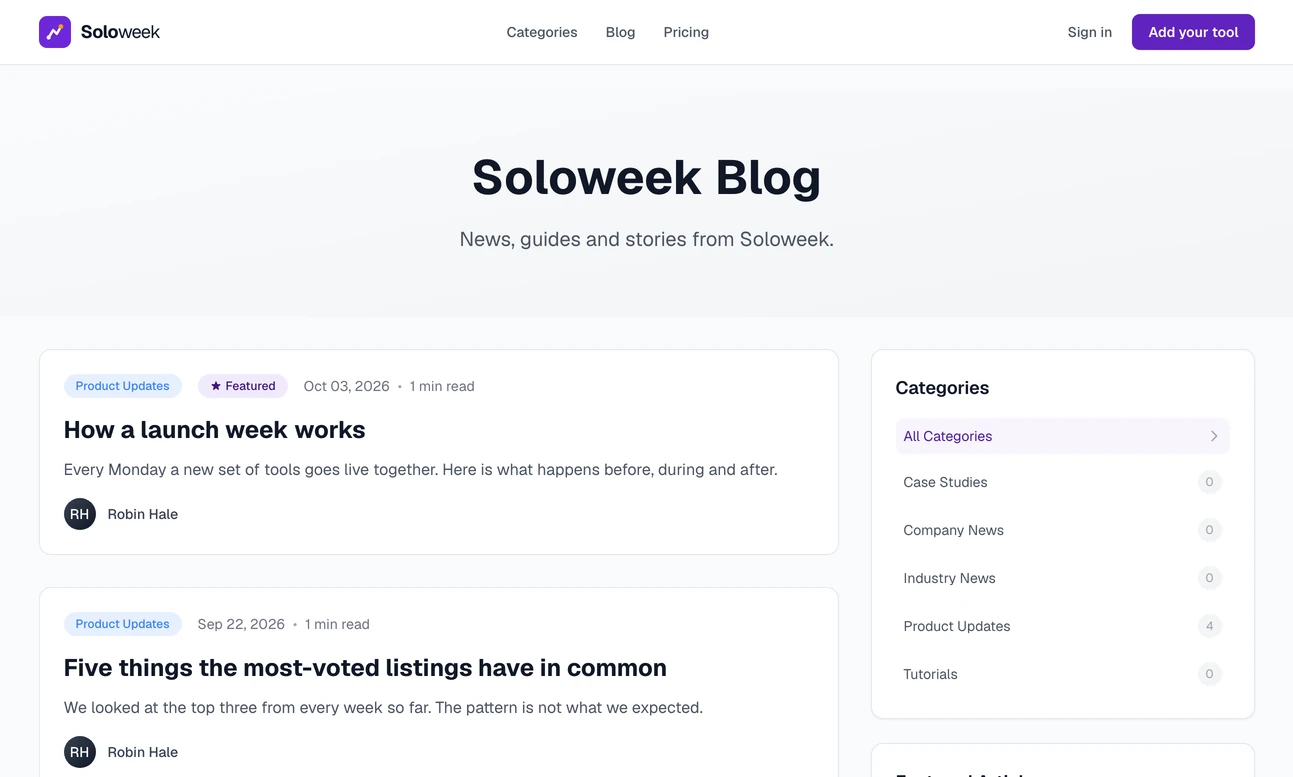 The site's blog: a featured post called How a launch week works, then older posts, beside the blog categories