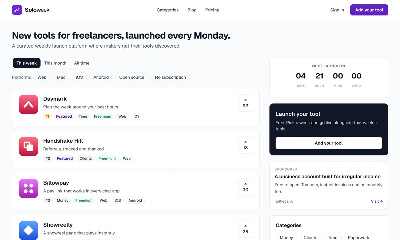 The home page of a Launch Lab site called Soloweek: the heading New tools for freelancers, launched every Monday, then this week's tools ranked by votes with the two featured ones first, each with a logo, a line about it, its category and a vote button. Beside the list, a countdown to the next launch and a box inviting makers to add a tool