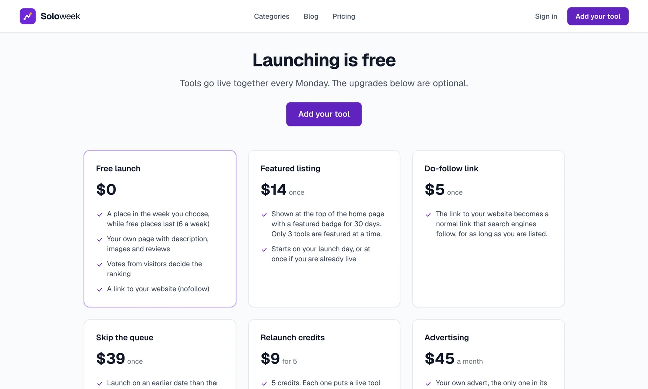 The public pricing page headed Launching is free: a card for the free launch at 0 dollars, then the paid extras, a featured listing at 14 dollars, a do-follow link at 5, skip the queue at 39, relaunch credits at 9 for five and advertising at 45 a month